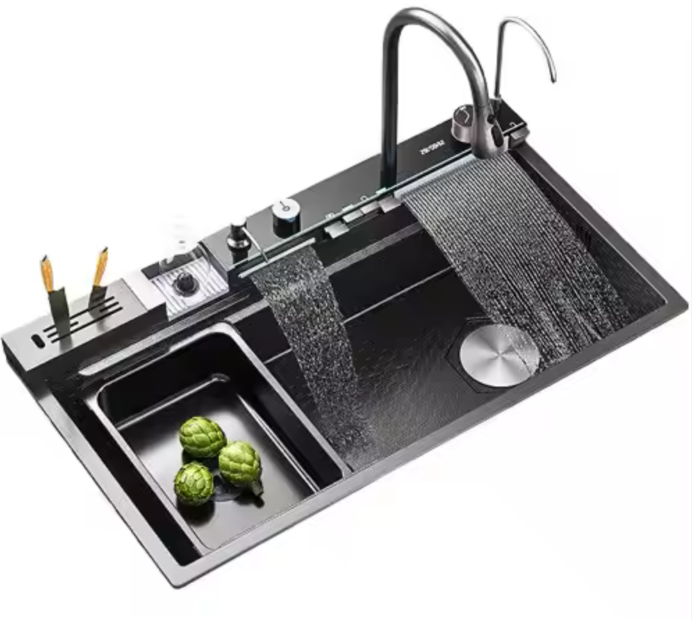 Upgraded Smart Black Nano Honeycomb Stainless Steel Sink with Knife Holder Double Waterfall Faucet Suitable for Hotel Kitchen