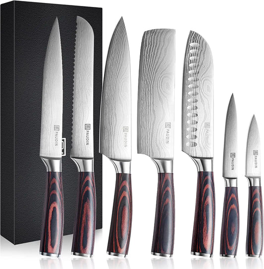 Best Product 7 Pieces Handmade Forged Knife 8 Inch Damascus Pattern Design Stainless Steel Laser Pattern Kitchen Chef Knife Set